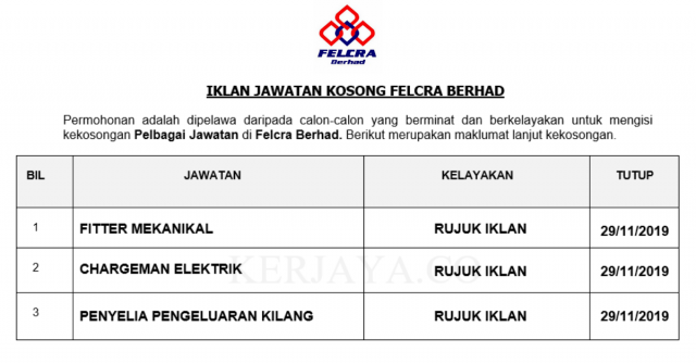 Felcra Berhad ~ Fitter Mekanikal, Chargeman Elektrik & Penyelia Pengeluaran Kilang