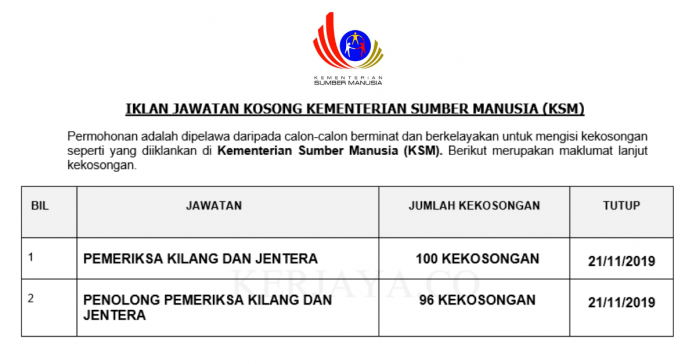 Kementerian Sumber Manusia (KSM) Kementerian Sumber Manusia (KSM) ~ 196 Kekosongan Jawatan Pemeriksa Kilang dan Jentera & Penolong Pemeriksa Kilang dan Jentera