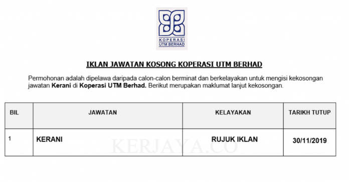 Koperasi UTM Berhad Koperasi UTM Berhad ~ Kerani