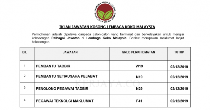 Lembaga Koko Malaysia Lembaga Koko Malaysia ~ Pembantu Tadbir, Pembantu Setiausaha Pejabat, Pen.Peg. Tadbir & Pelbagai Jawatan Lain