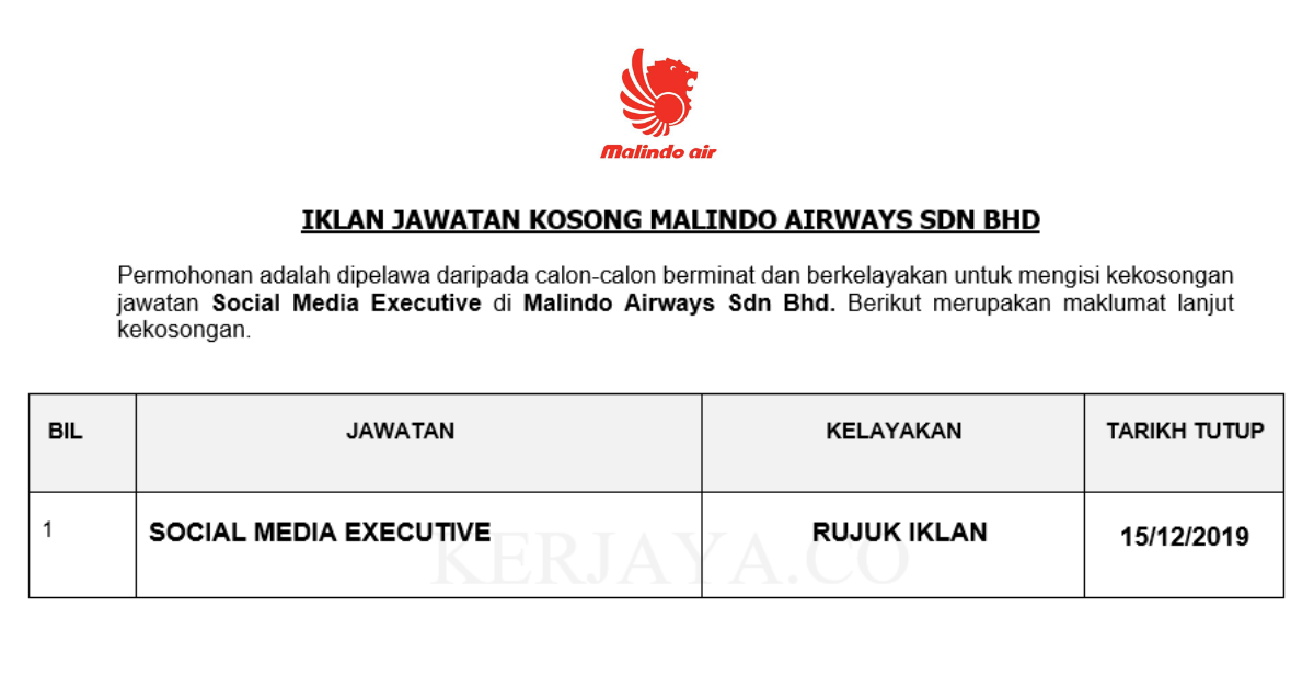 Jawatan Kosong Terkini Malindo Airways ~ Social Media ...