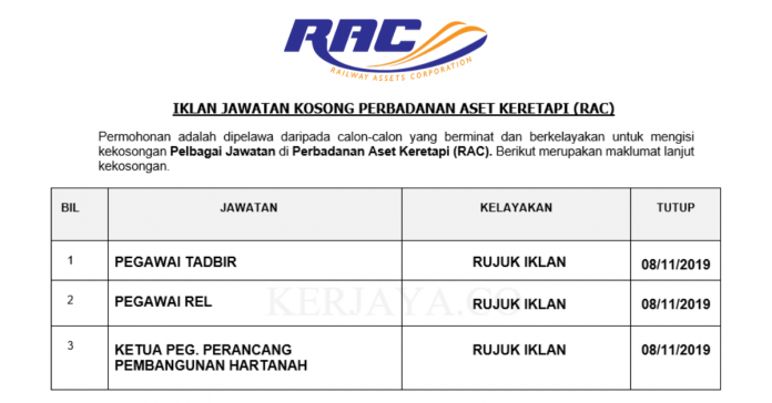 Perbadanan Aset Keretapi (RAC) Perbadanan Aset Keretapi (RAC) ~ Pegawai Tadbir, Pegawai Rel &Ketua Pegawai Perancangan Pembangunan Hartanah