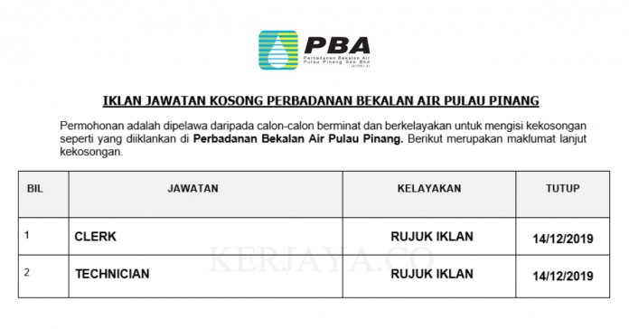 Perbadanan Bekalan Air Pulau Pinang (1) Perbadanan Bekalan Air Pulau Pinang ~ Kerani & Juru Teknik