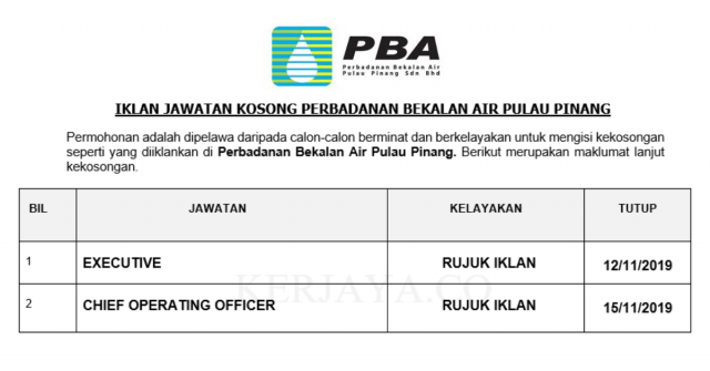Perbadanan Bekalan Air Pulau Pinang ~ Eksekutif & Chief Operating Officer