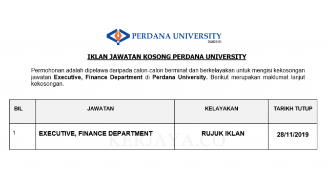 Perdana University ~ Executive, Finance Department