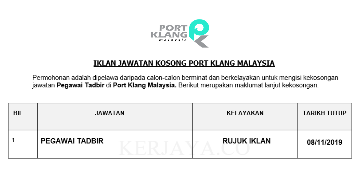 Jawatan Kosong Terkini Port Klang Malaysia Pegawai Tadbir Kerja Kosong Kerajaan Swasta