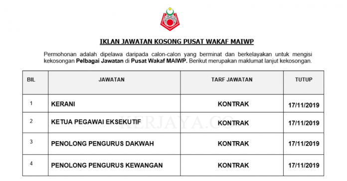 Pusat Wakaf MAIWP Pusat Wakaf MAIWP ~ Kerani , Eksekutif & Pelbagai Jawatan
