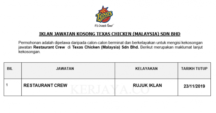 Texas Chicken (Malaysia) Sdn Bhd Texas Chicken ~ Restaurant Crew