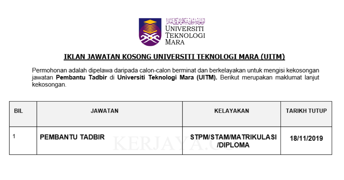 Jawatan Kosong Terkini Universiti Teknologi MARA (UiTM 