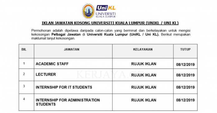 Universiti Kuala Lumpur (UniKL _ Uni KL) Universiti Kuala Lumpur (UNIKL) ~ Administration Students/ IT Students, Lecturer, Academic Staff & Pelbagai Jawatan Lain
