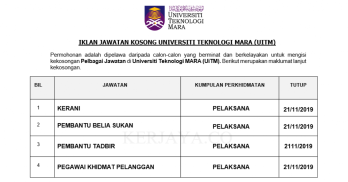 Universiti Teknologi MARA (UiTM) Universiti Teknologi MARA (UiTM) ~ Kerani, Pegawai Khidmat Pelanggan, Pembantu Belia Dan Sukan & Pelbagai Jawatan Pentadbiran & Pengurusan