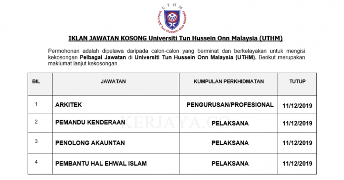 Universiti Tun Hussein Onn Malaysia (UTHM) Universiti Tun Hussein Onn Malaysia (UTHM) ~ Pembantu Hal Ehwal Islam, Arkitek & Pelbagai Jawatan Lain