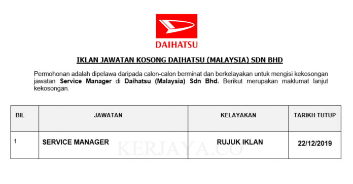 Daihatsu (Malaysia) Sdn Bhd Daihatsu Malaysia ~ Service Manager