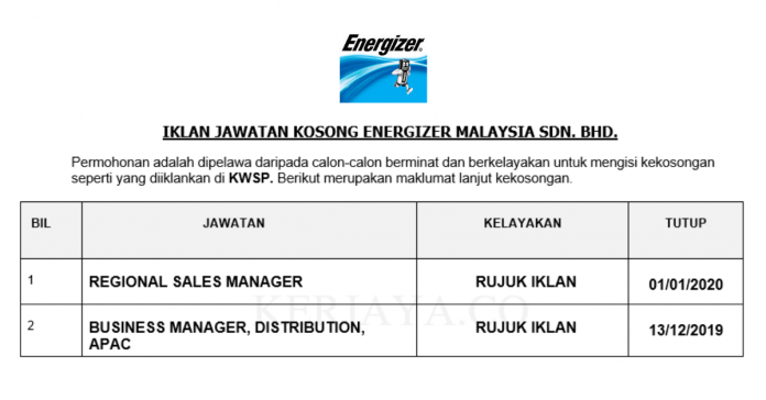 Energizer Malaysia Sdn. Bhd. Energizer Malaysia ~ Pelbagai Jawatan
