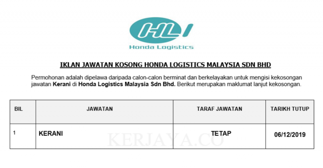 Honda Logistics Malaysia ~ Kerani