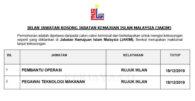 Jabatan Kemajuan Islam Malaysia (JAKIM) ~ Pembantu Operasi & Pegawai Teknologi Makanan