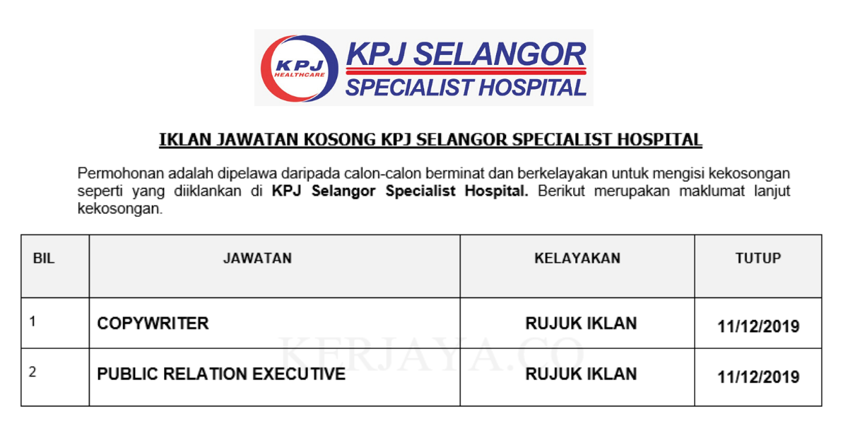 Jawatan Kosong Terkini KPJ Selangor Specialist Hospital ...