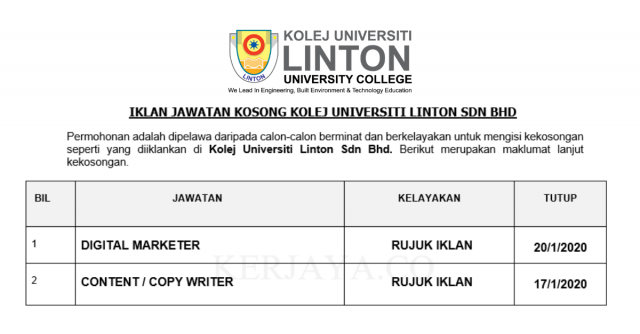 Kolej Universiti Linton ~ Pelbagai Jawatan