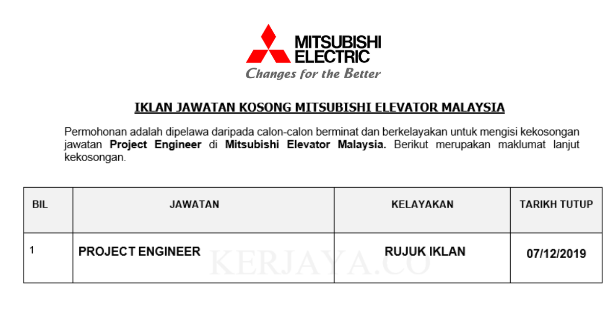 Jawatan Kosong Terkini Mitsubishi Elevator Malaysia Project Engineer Kerja Kosong Kerajaan Swasta