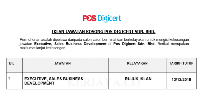 Pos Digicert Sdn. Bhd Pos Digicert ~ Executive, Sales Business Development