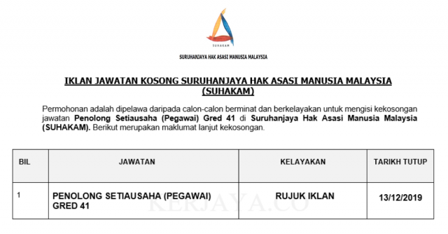 Suruhanjaya Hak Asasi Manusia Malaysia (SUHAKAM) ~ Penolong Setiausaha