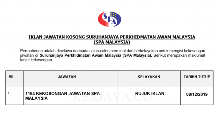 Suruhanjaya Perkhidmatan Awam Malaysia (SPA Malaysia) 1194 Kekosongan Baru Suruhanjaya Perkhidmatan Awam Malaysia