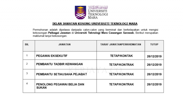 Universiti Teknologi Mara ~ Kekosongan Jawatan Pentadbiran & Pengurusan