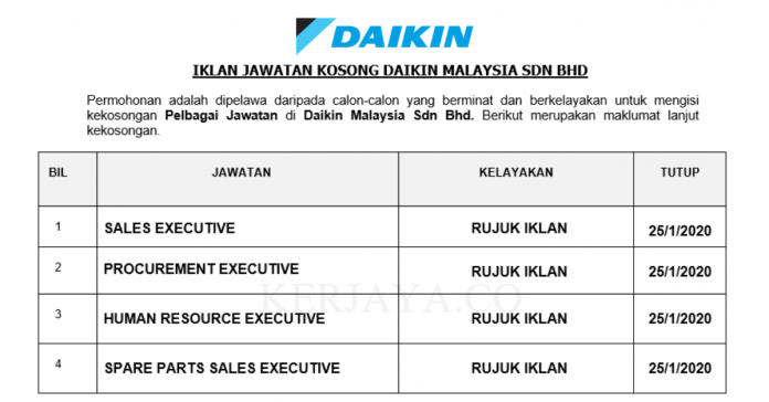Daikin Malaysia Sdn Bhd Daikin Malaysia ~ Pelbagai Kekosongan Jawatan