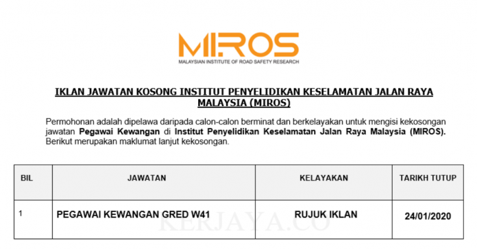 Institut Penyelidikan Keselamatan Jalan Raya Malaysia (MIROS) Institut Penyelidikan Keselamatan Jalan Raya Malaysia (MIROS) ~ Pegawai Kewangan