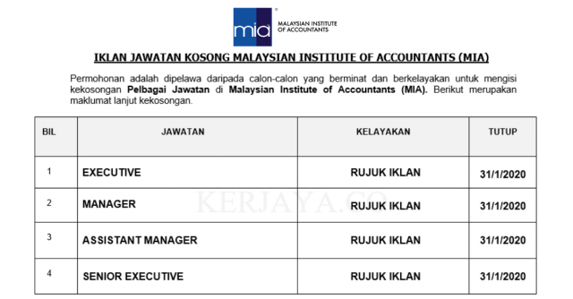 Malaysian Institute of Accountants (MIA) ~ Pelbagai Kekosongan Jawatan