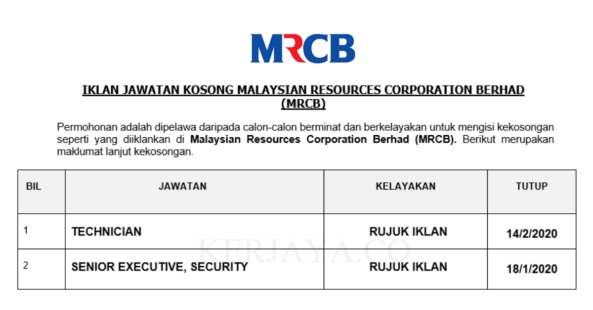 Jawatan Kosong Terkini Malaysian Resources Corporation Berhad Mrcb Pelbagai Jawatan Baru 2020 Kerja Kosong Kerajaan Swasta