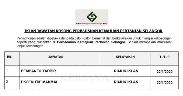 Perbadanan Kemajuan Pertanian Selangor Perbadanan Kemajuan Pertanian Selangor ~ Pembantu Tadbir & Eksekutif Makmal