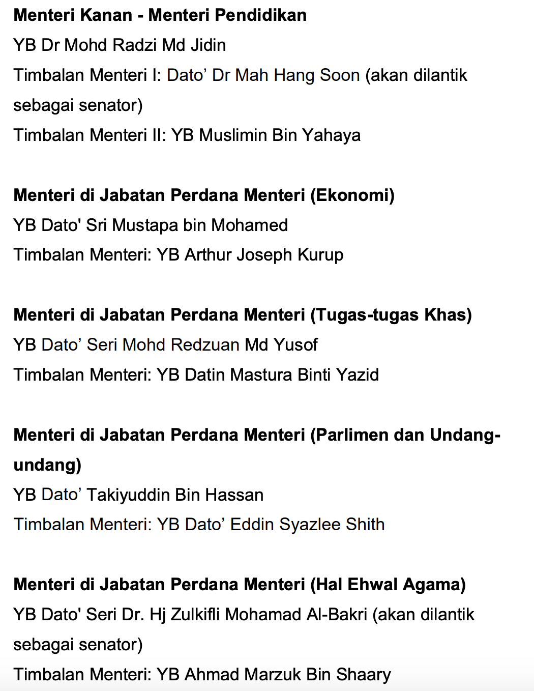 Senarai Menteri Kabinet 2020
