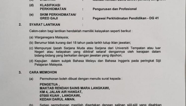 Iklan Jawatan Kosong Maktab Rendah Sains Mara (MRSM) Langkawi