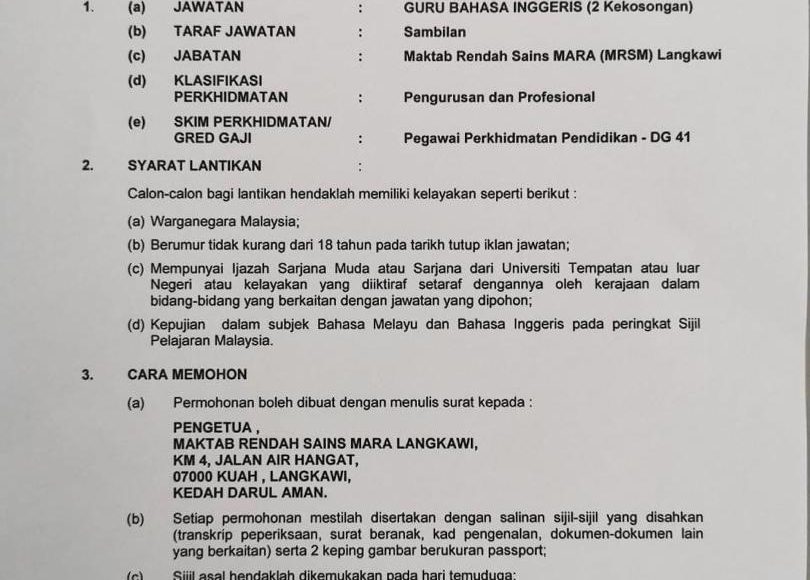 Iklan Jawatan Kosong Maktab Rendah Sains Mara (MRSM) Langkawi