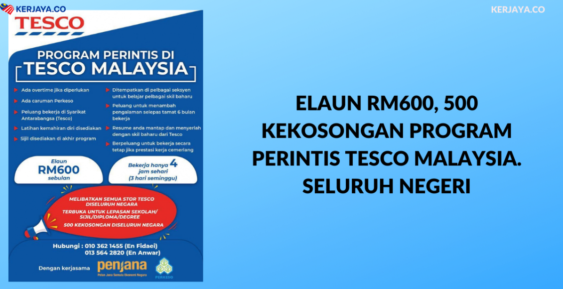 Elaun RM600, 500 Kekosongan Program Perintis TESCO Malaysia. Seluruh Negeri