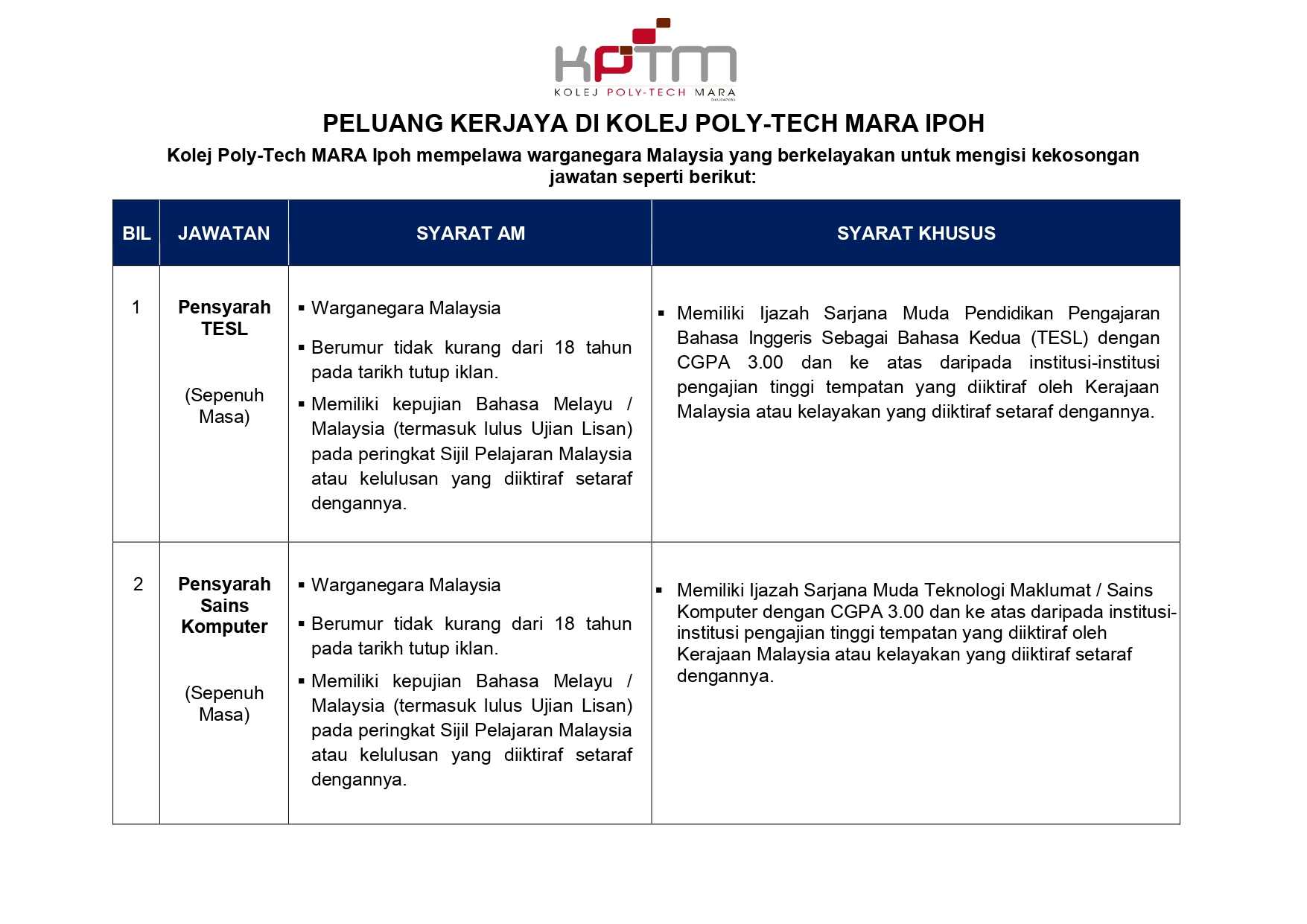 Iklan Jawatan Kolej Poly-Tech MARA (KPTM) Ipoh • Kerja Kosong Kerajaan ...