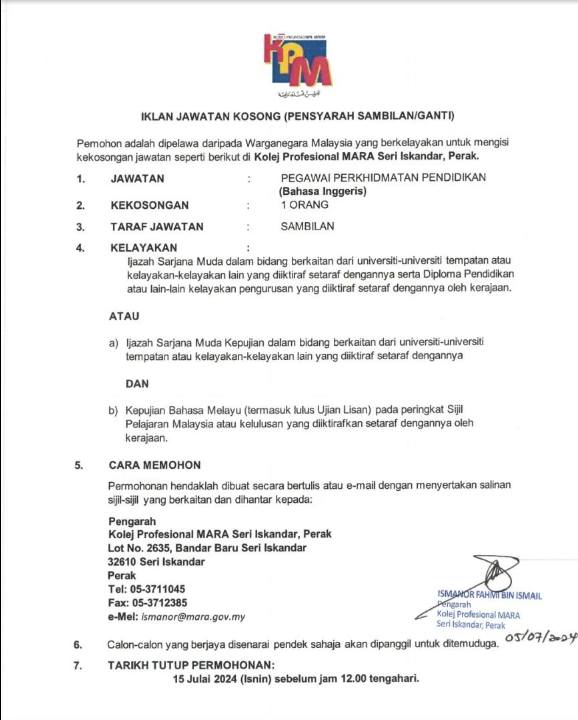 Iklan Jawatan Kolej Profesional Mara Seri Iskandar Kerja Kosong Kerajaan Swasta