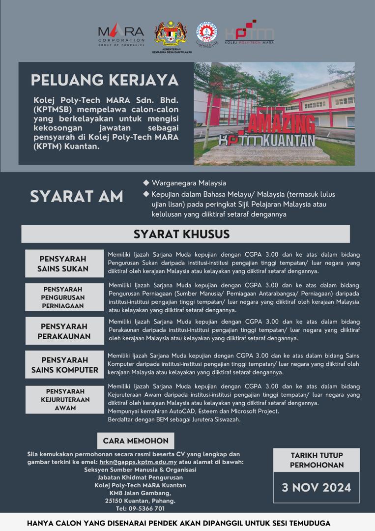 Iklan Jawatan Kolej Poly-Tech MARA (KPTM) Kuantan • Kerja Kosong ...