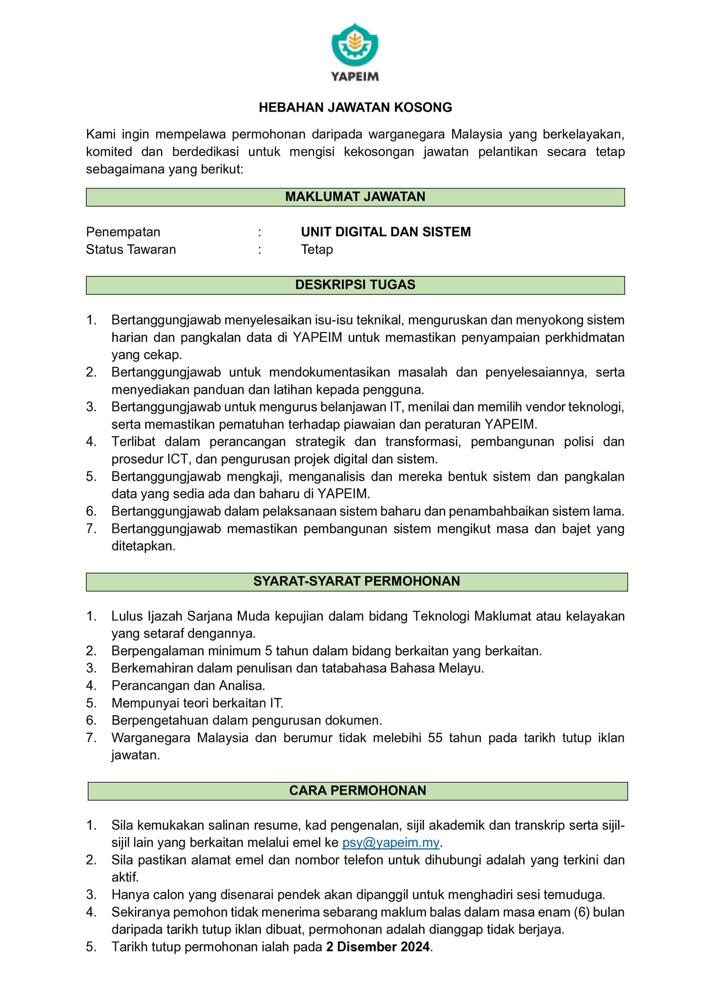 Iklan Jawatan Yayasan Pembangunan Ekonomi Islam Malaysia (YaPEIM ...